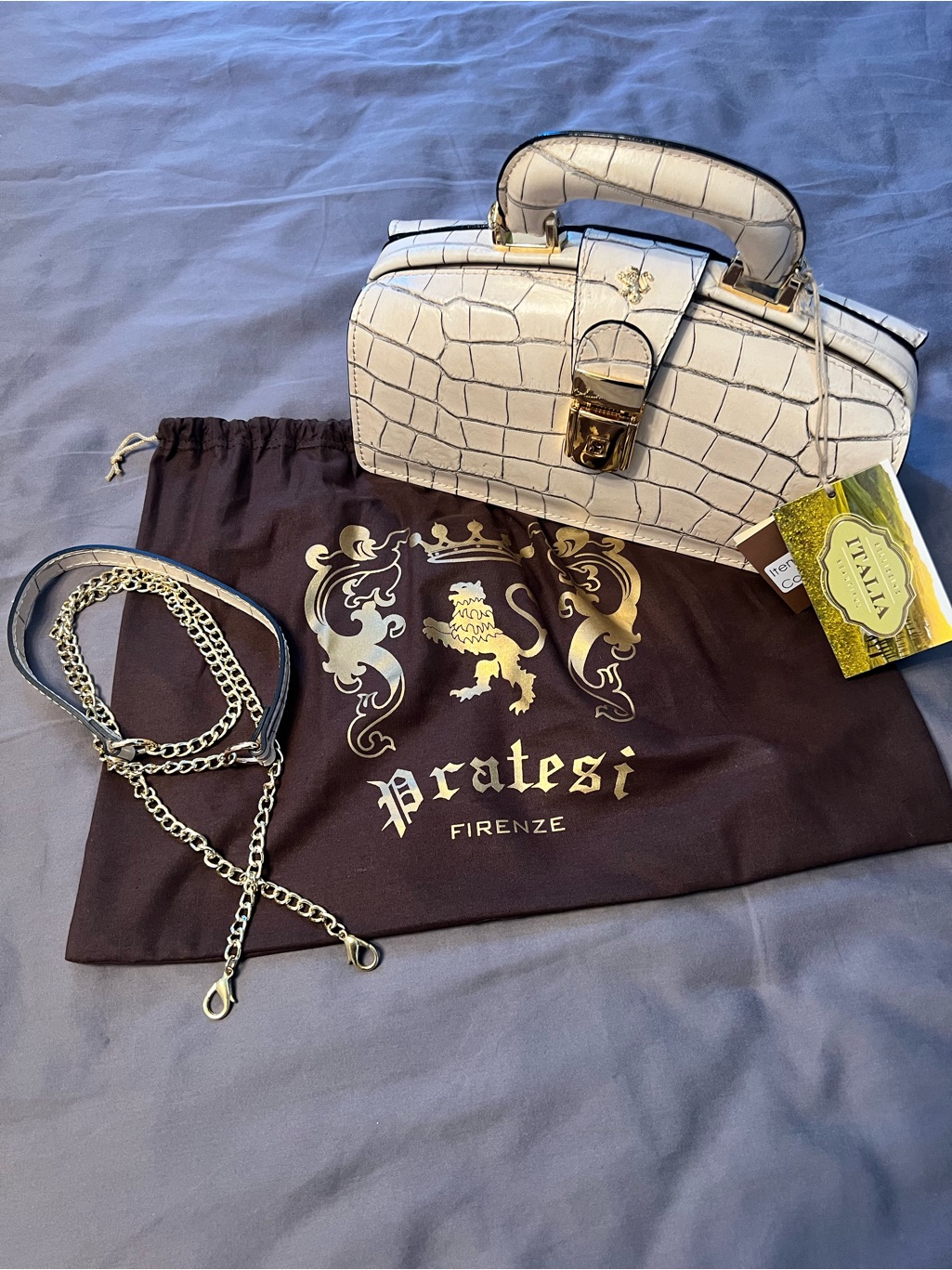 Pratesi White Croc-Embossed Top Handle Bag
